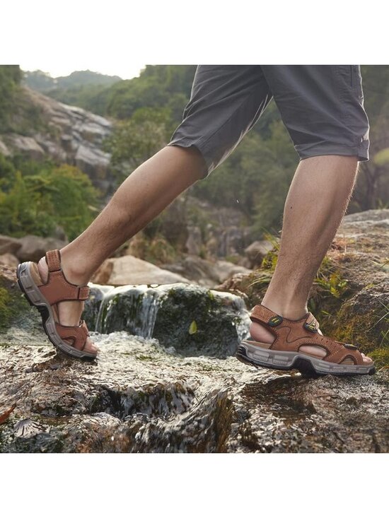 Men\'s Brown Athletic Outdoor Leather Solid Waterproof Rubber Hiking Sandal Shoes main image 4